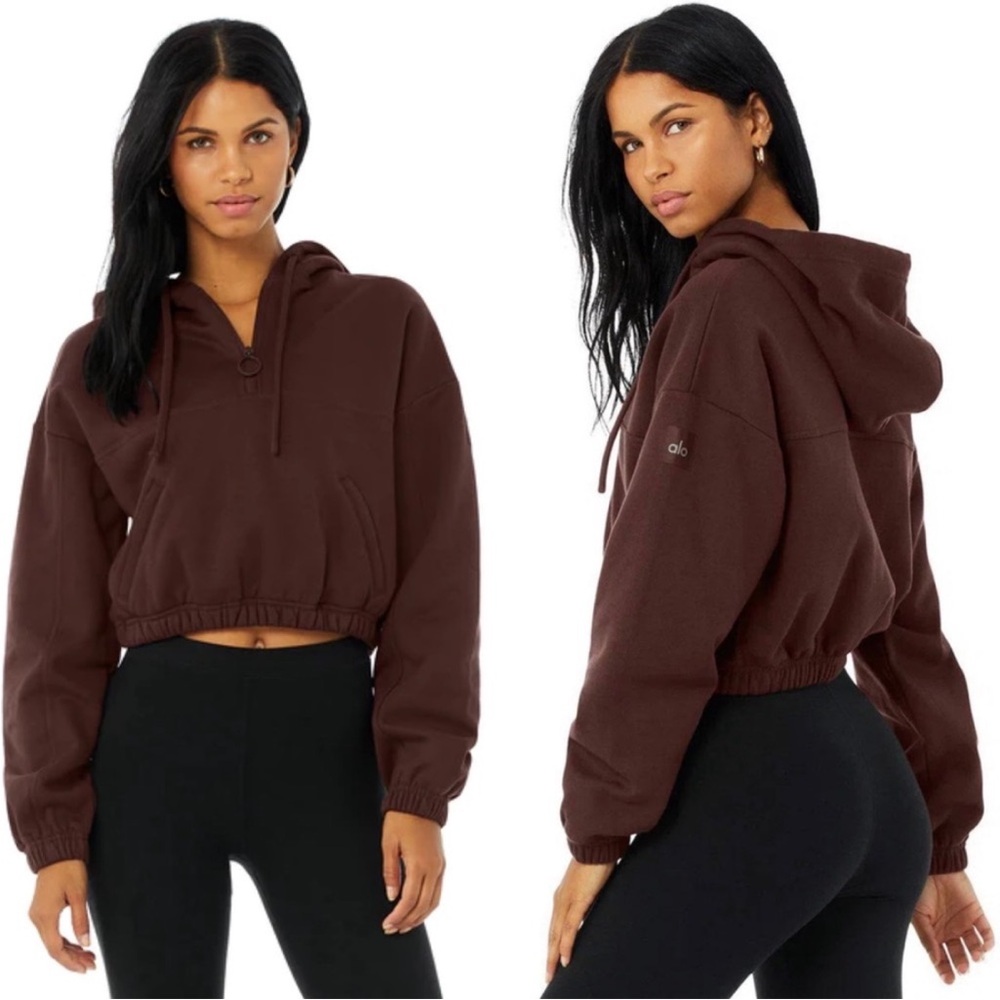 ALO Yoga Refresh Stadium Half Zip Oversized Crop Hoodie Cherry Cola Burgundy S